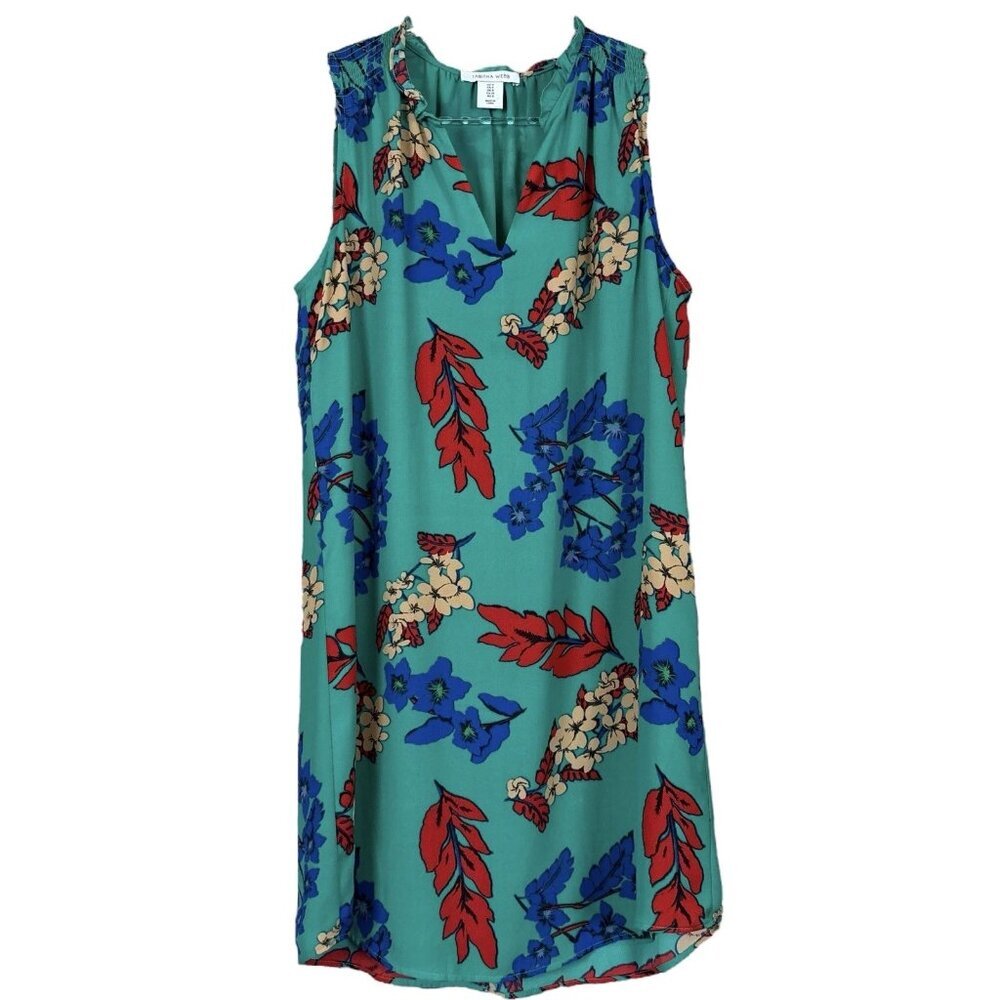 Tabitha Webb Floral Boho Ruched Shift Mini Cocktail Dress Green Blue Size US 4